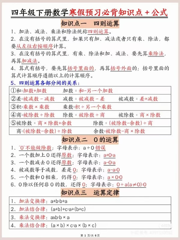 四年级数学下册寒假预习：要背诵的知识点燃梦学堂-中小学电子版资料下载：课件/试卷/教案/知识点全覆盖燃梦学堂